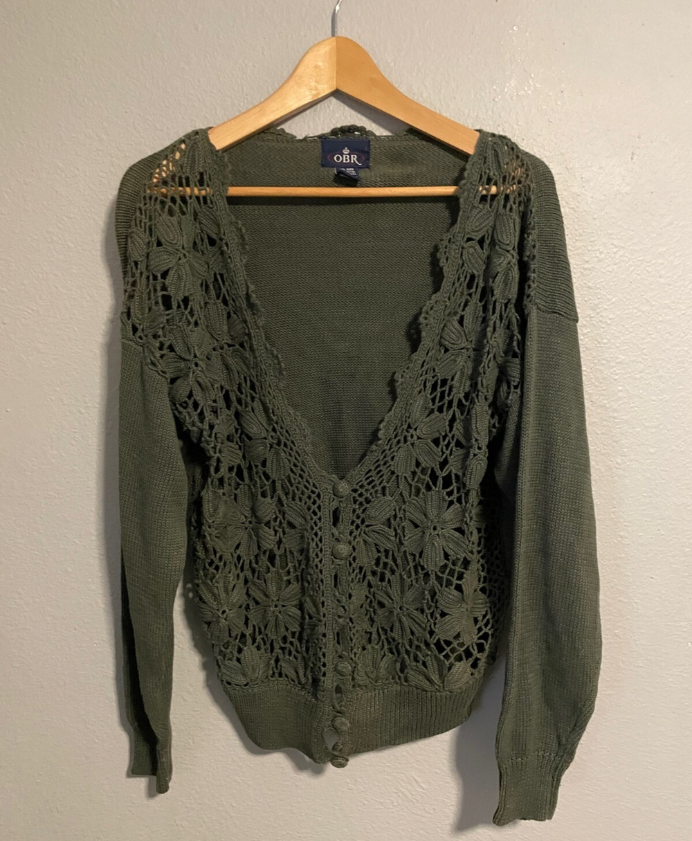 Vintage Womens Cardigan Large Green Floral Crochet Fairy Forest Hobbit Boho 90s